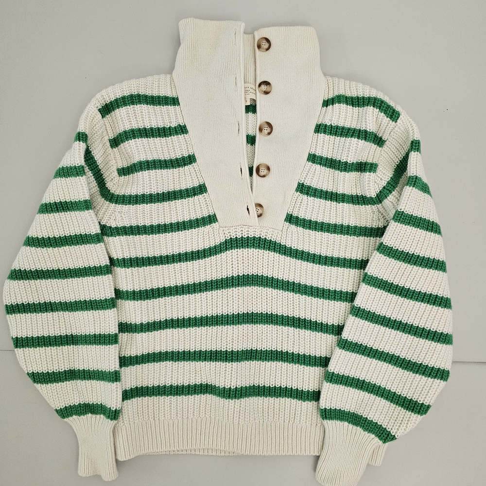 Sezane Green and White Striped Turtleneck Sweater